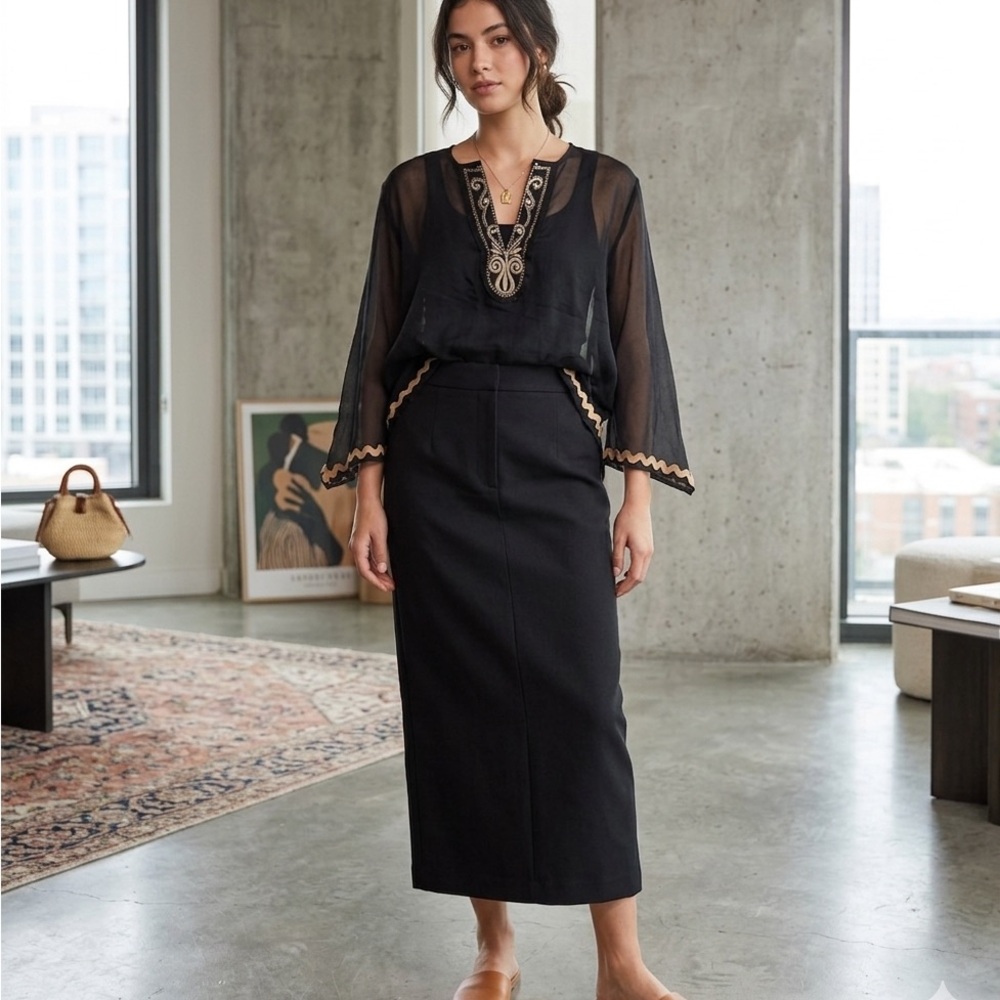 Black Embroidered Maxi Pencil Skirt